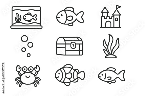 Children's Aquarium Icons. Outline icon set of children’s aquariums: small tank, cartoon fish, castle decor,