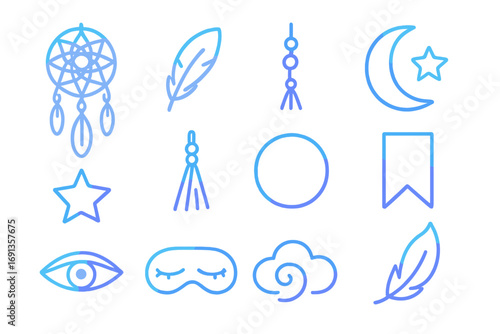 Dreamcatcher Icon Set. Gradient icons set of dreamcatcher and intuition symbols: dreamcatcher web, feather pendant, bead accents,