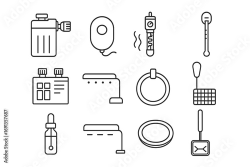 Aquarium Equipment Icons. Outline icon set of aquarium equipment: water filter, air pump, heater, thermometer,