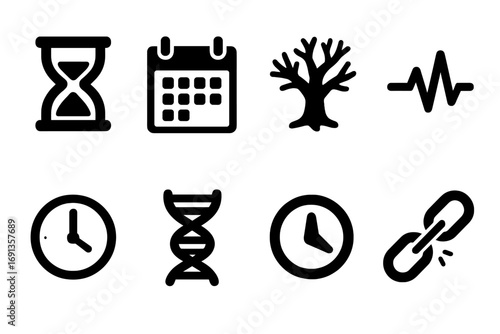 Lifespan Icon Set. Solid, filled icon set of lifespan concepts: hourglass, calendar, aging tree, heartbeat line, clock, DNA strand