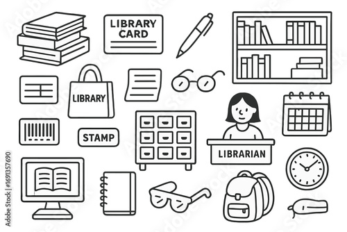 Library Essentials Icons. Hand-drawn doodle illustration Library books and cards book stack, checkout card, pen, library shelf,