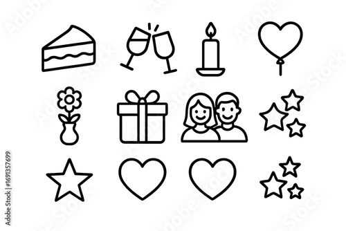 Celebration Icons Set. Outline icon set of celebrating small joys: cake slice, clinking glasses, candle, heart