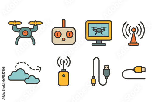 Drone Broadcast Icons. Flat vector mini-illustrations Drone aerial broadcast in colors children's illustrations: camera drone,