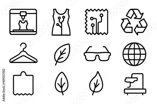 Sustainable Fashion Icons. Outline icon set of future of sustainable fashion: 3D printer, digital dress, smart