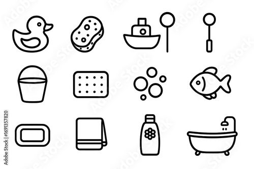 Kids Bath Time Icons. Outline icon set of kids bath time: rubber duck, sponge, toy boat, bubble wand, water