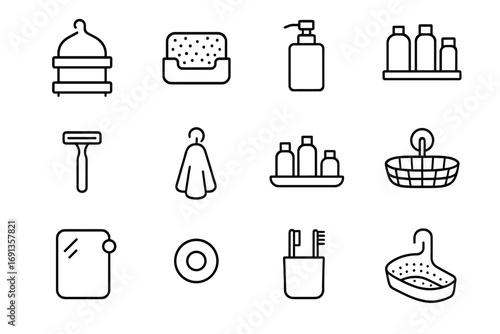 Shower Organizer Icons. Outline icon set of shower organization: caddy shelf, sponge holder, soap dispenser,
