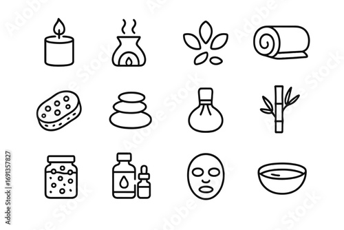 Spa Essentials Icons. Outline icon set of spa essentials: candle, aroma diffuser, flower petals, towel roll,