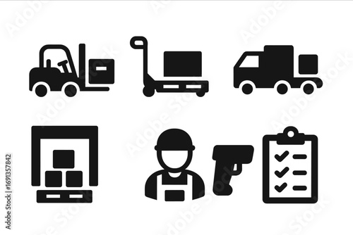 Logistics Icon Set. Solid, filled icon set of storage unit logistics: forklift, pallet jack, delivery truck, conveyor belt,