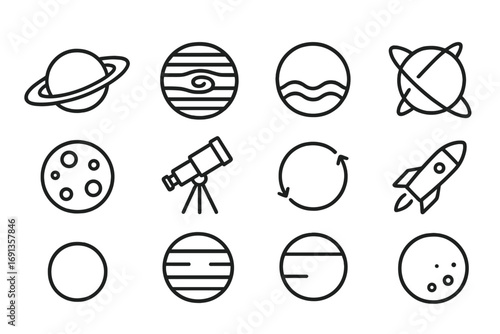 Outer Planets Icon Set. Outline icon set of outer planets: Saturn rings, Jupiter storm, Neptune waves, Uranus