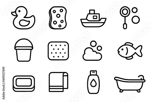Kids Bath Time Icons. Outline icon set of kids bath time: rubber duck, sponge, toy boat, bubble wand, water