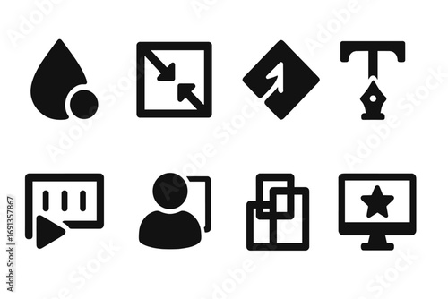 Logo Customization Icons. Solid, filled icon set of logo customization: color change, size adjustment, shape modification,