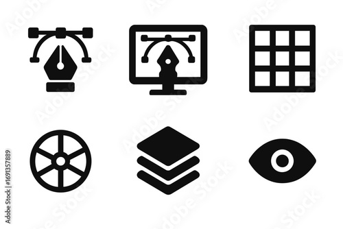 Logo Design Icon Set. Solid, filled icon set of logo design tools: pen tool, vector software, grid, ruler, color wheel, layers,