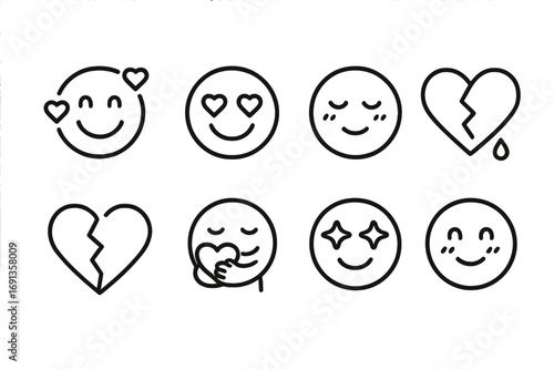 Love Emotion Icons. Outline icon set of love emotions: smiling face with hearts, heart eyes, blushing face, crying heart, broken