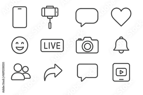 Social Media Icon Set. Outline icon set of social media live videos: smartphone, selfie stick, chat bubble,