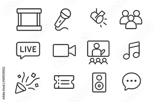 Event Streaming Icons. Outline icon set of event live streaming: stage, microphone, spotlight, audience, live