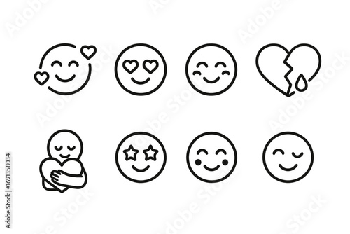 Love Emotion Icons. Outline icon set of love emotions: smiling face with hearts, heart eyes, blushing face, crying heart, broken