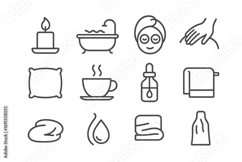 Relaxation Ritual Icons. Outline icon set of relaxation rituals: candle, bath tub, face mask, massage hand,