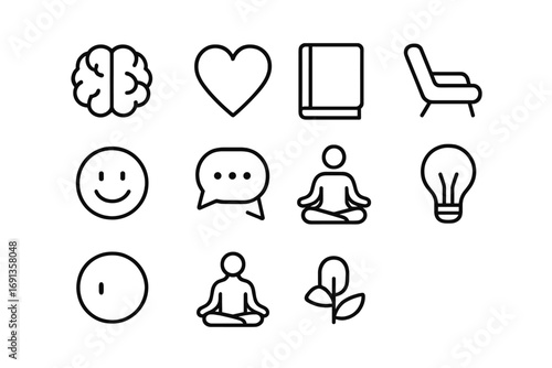 Mental Wellness Icons. Outline icon set of mental wellness practices: brain, heart, journal book, therapy