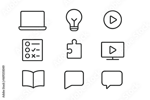 Educational Icon Set. Outline icon set of interactive educational content creation ideas: laptop, light bulb,