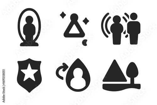 Magic Illusion Icons. Solid, filled icon set of illusion-themed magic: mirror spell, vanish glyph, reflection aura, clone rune,