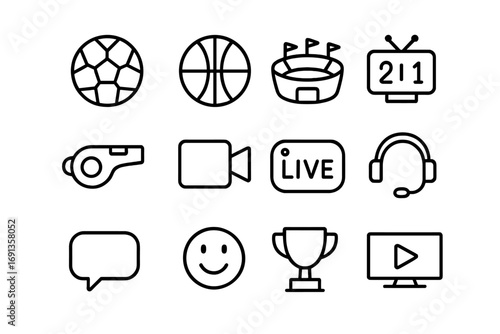 Sports Streaming Icons. Outline icon set of sports match streaming: football, basketball, stadium, scoreboard,