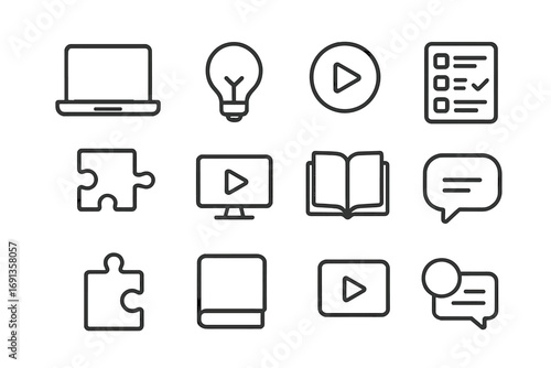 Educational Icon Set. Outline icon set of interactive educational content creation ideas: laptop, light bulb,