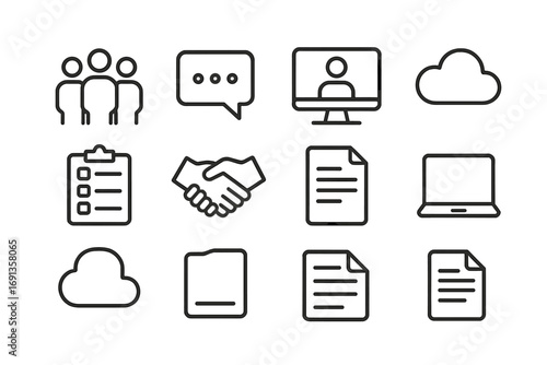 Collaborative Tools Icons. Outline icon set of collaborative learning tools: group of people, chat bubble,