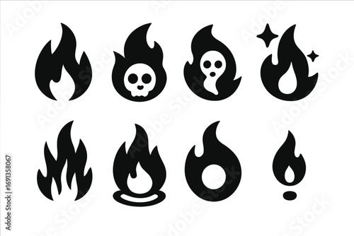 Magical Flame Icons. Solid, filled icon set of magical flames: blue fire, cursed flame, spirit fire, enchanted flame, shadow fire,