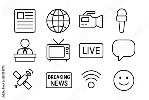 News Icon Set. Outline icon set of news live broadcasting: newspaper, globe, camera, microphone, anchor desk,
