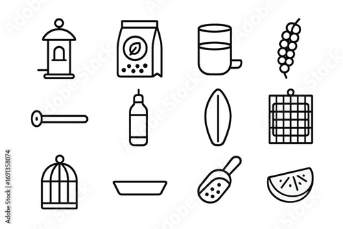 Bird Feeding Icons. Outline icon set of bird feeding: bird feeder, seed bag, water cup, millet spray, perch,
