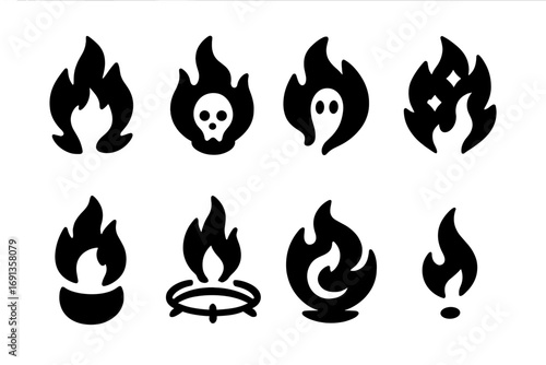 Magical Flame Icons. Solid, filled icon set of magical flames: blue fire, cursed flame, spirit fire, enchanted flame, shadow fire,