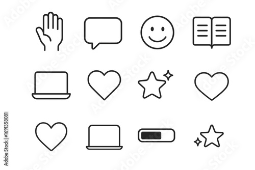 Student Engagement Icons. Outline icon set of student engagement tools: raised hand, chat bubble, smile face,