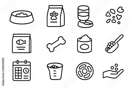 Pet Feeding Icons. Outline icon set of feeding pets: pet bowl, food bag, water dispenser, kibble, fish flakes,