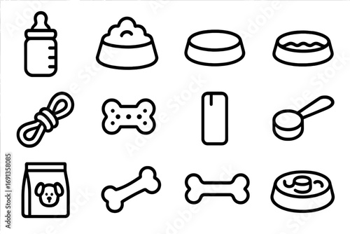 Puppy Feeding Essentials. Outline icon set of puppy feeding: milk bottle, puppy kibble, small bowl, water dish