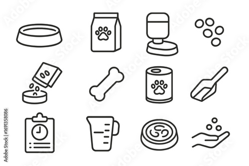 Pet Feeding Icons. Outline icon set of feeding pets: pet bowl, food bag, water dispenser, kibble, fish flakes,