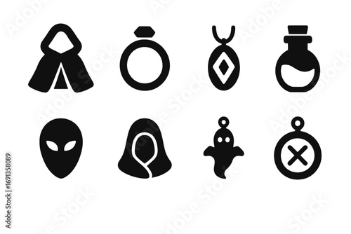 Magical Invisibility Icons. Solid, filled icon set of magical invisibility items: invisibility cloak, enchanted ring, illusion