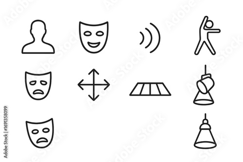 Acting Exercise Icons. Outline icon set of acting exercises: actor silhouette, mask, voice waves, stretching