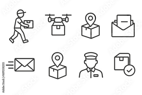 Mail Services Icons. Outline icon set of mailing services: courier, delivery drone, package tracking, mail sorting, express