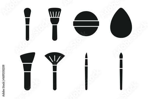 Makeup Technique Icons. Solid, filled icon set of makeup application techniques: blending brush, stippling brush, powder puff,