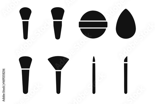 Makeup Technique Icons. Solid, filled icon set of makeup application techniques: blending brush, stippling brush, powder puff,