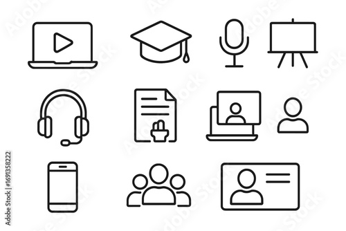 E-Learning Icon Set. Outline icon set of training and e-learning narration: laptop with play icon, graduation cap, chalkboard,