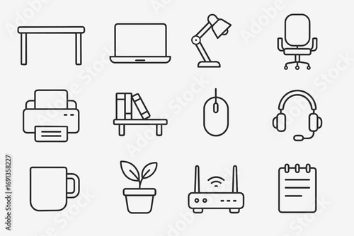 Home Office Icon Set. Outline icon set of home office setup: desk, laptop, lamp, chair, printer, bookshelf,