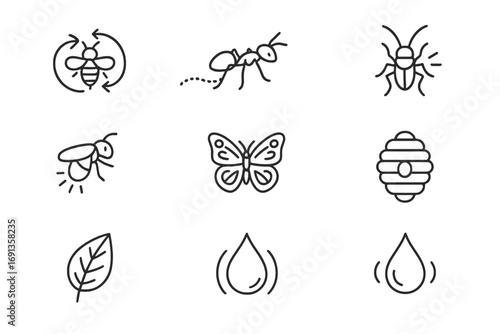 Insect Communication Icons. Outline icon set of insect communication: bee dance, ant trail, cricket chirp,