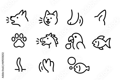 Animal Signal Icons. Outline icon set of domesticated animal signals: dog bark, cat meow, tail wag, ear twitch