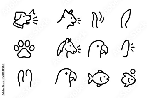 Animal Signal Icons. Outline icon set of domesticated animal signals: dog bark, cat meow, tail wag, ear twitch