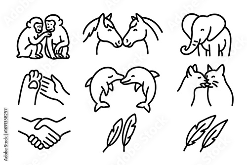 Animal Tactile Communication. Outline icon set of tactile communication: grooming monkeys, nuzzling horses,