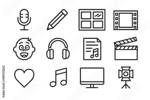 Voice Acting Icons. Outline icon set of voice acting for animations: microphone, pencil, storyboard, film