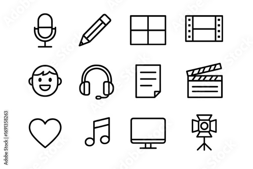 Voice Acting Icons. Outline icon set of voice acting for animations: microphone, pencil, storyboard, film