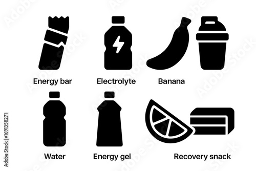 Marathon Nutrition Icons. Solid, filled icon set of marathon nutrition: energy bar, electrolyte drink, banana, protein shake,