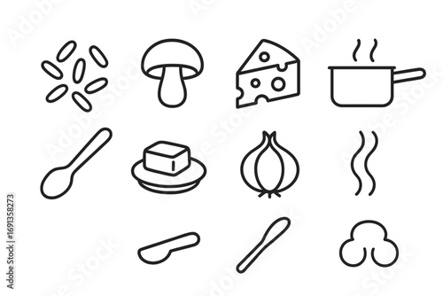 Risotto Icon Set. Outline icon set of preparing a hearty risotto with mushrooms and Parmesan: rice grains,
